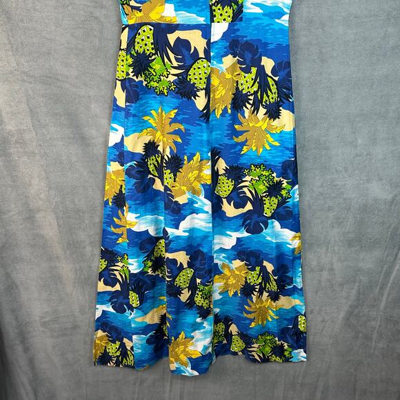 Vintage Hukilau Fashions Dress Women 14 Blue Floral Maxi Tropical Hawaiian Beach - Picture 6 of 12
